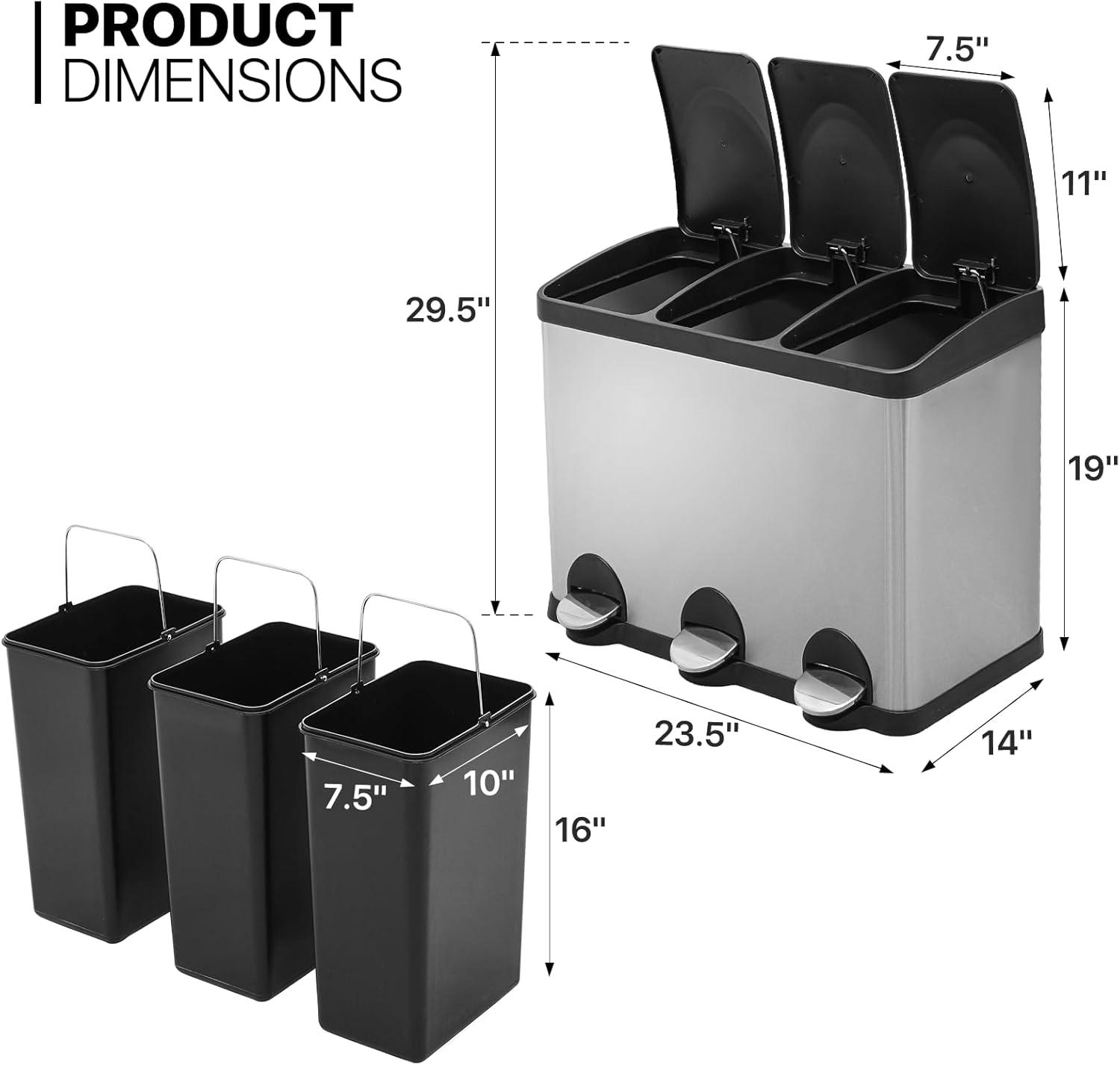 MoNiBloom 12 Gallon Trash Can with 3 Compartments, Step On Garbage Can with Soft-Close Lids and Inner Buckets