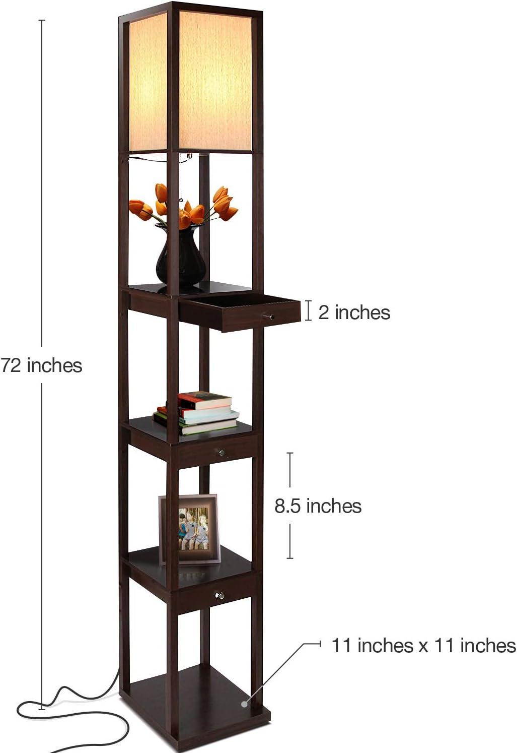 Maxwell 72 in. Havana Brown Traditional 1-Light LED Energy Efficient 3-Drawer Floor Lamp with Beige Fabric Square Shade