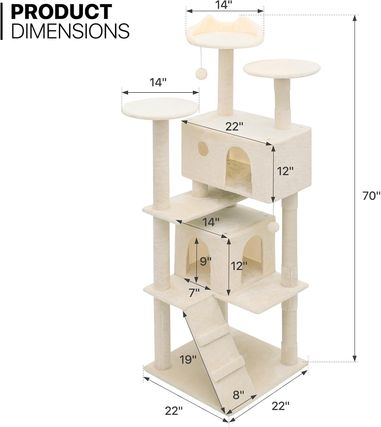 MoNiBloom Cat Tree Houses for Indoors, Multi-Level Cat Tree Tower, 70" Height（Beige）