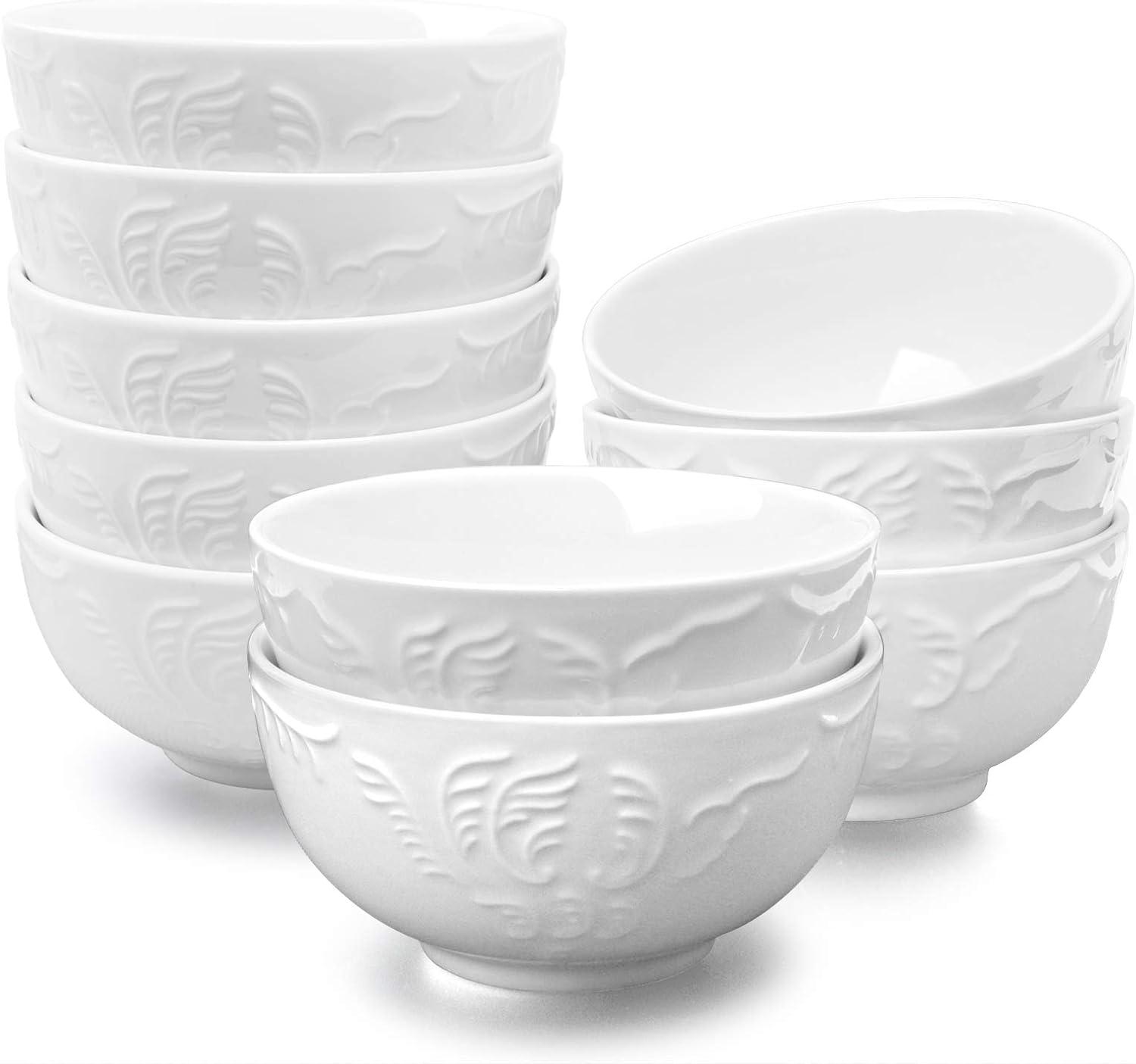 White Embossed Porcelain 11oz Cereal and Soup Bowls Set of 10