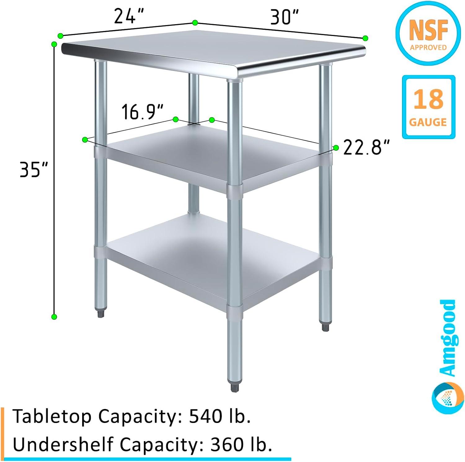 AmGood 30 in. x 24 in. Stainless Steel Table with Two Undershelves | Metal Utility Kitchen Prep Work Table | NSF