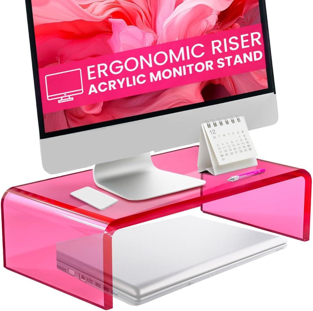 NovaMode Acrylic Monitor Stand - Ergonomic Desk Riser for Better Posture, Stylish & Modern Desktop Organizer, Computer Desk Stand for Monitors & Laptop - Bright Pink