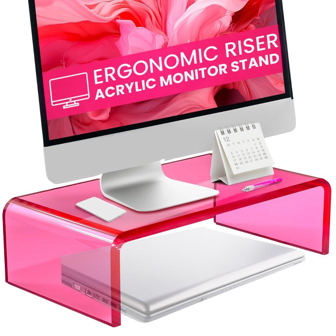 NovaMode Acrylic Monitor Stand - Ergonomic Desk Riser for Better Posture, Stylish & Modern Desktop Organizer, Computer Desk Stand for Monitors & Laptop - Bright Pink