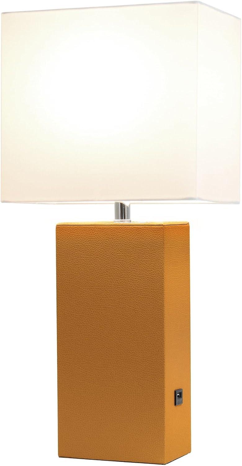 Modern Leather Table Lamp with USB and Fabric Shade Tan - Elegant Designs: No Assembly, UL Listed