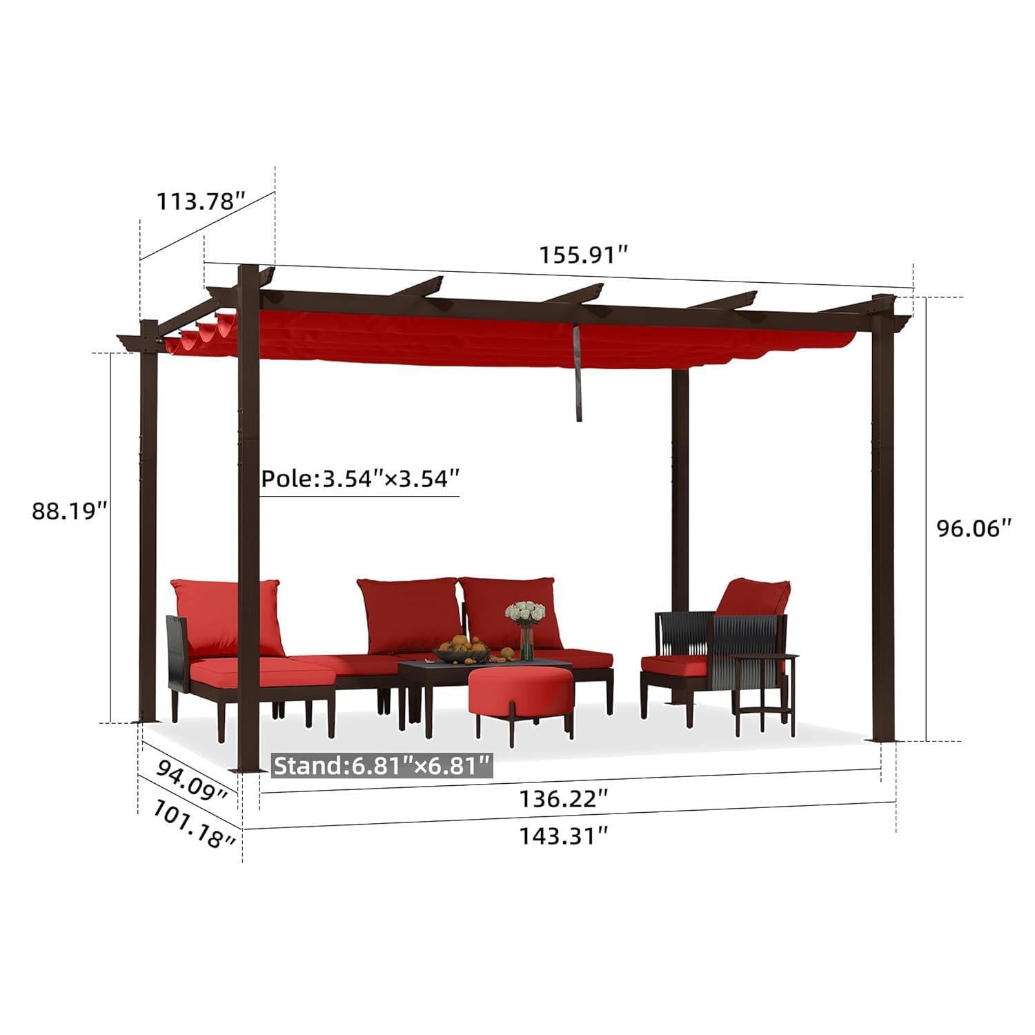 PURPLE LEAF Pergola 10' X 13' Outdoor Retractable Metal Patio Pergola with Shade Cover for Garden Yard Pavilion Grill for Beach Deck Gazebo, Terra