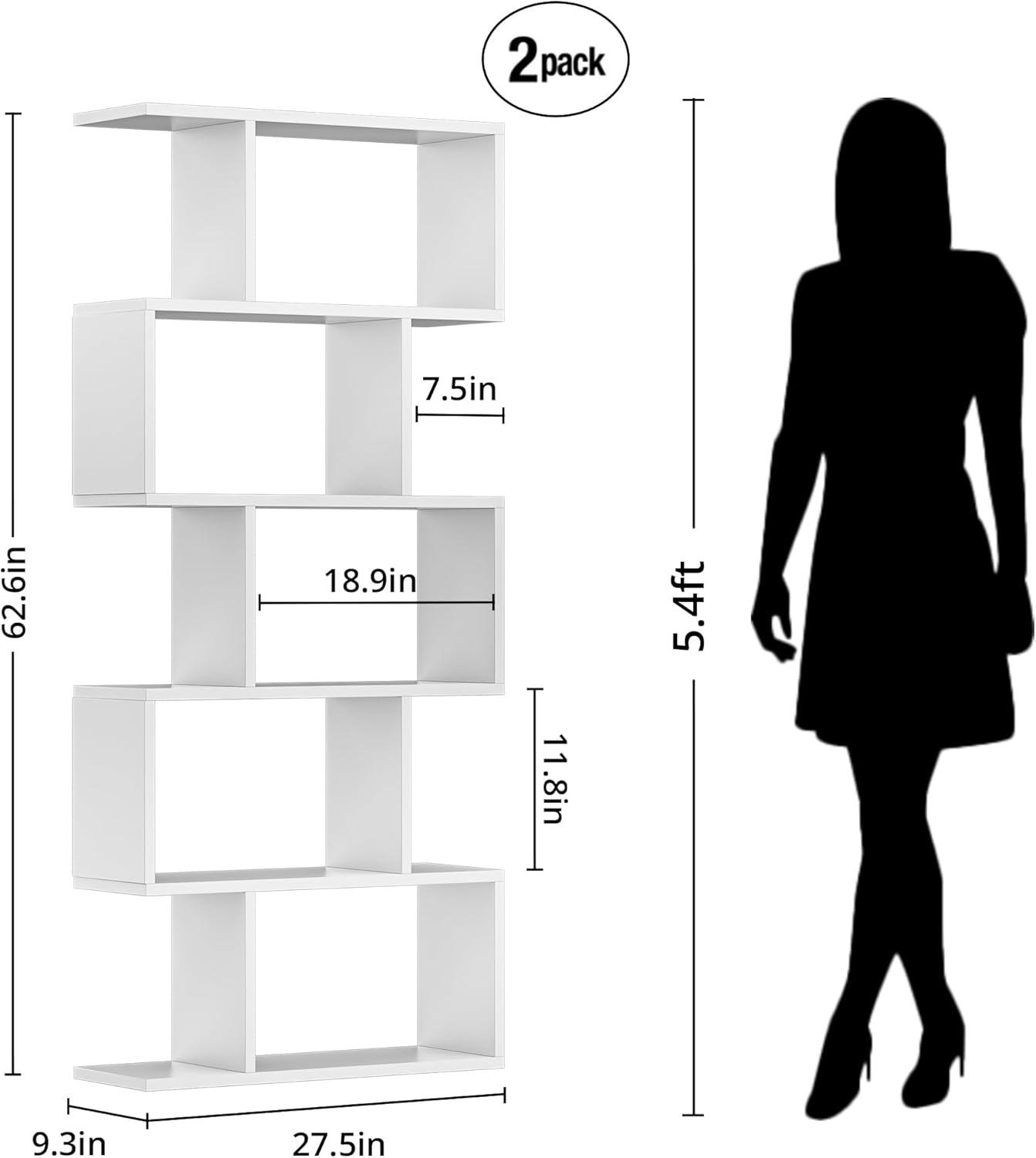 5-tier Geometric Bookcase, S-shaped Modern Bookshelf Set Of 2, 62.6" Tall Room Divider Book Shelf, Decorative Display Shelf (Set of 2)