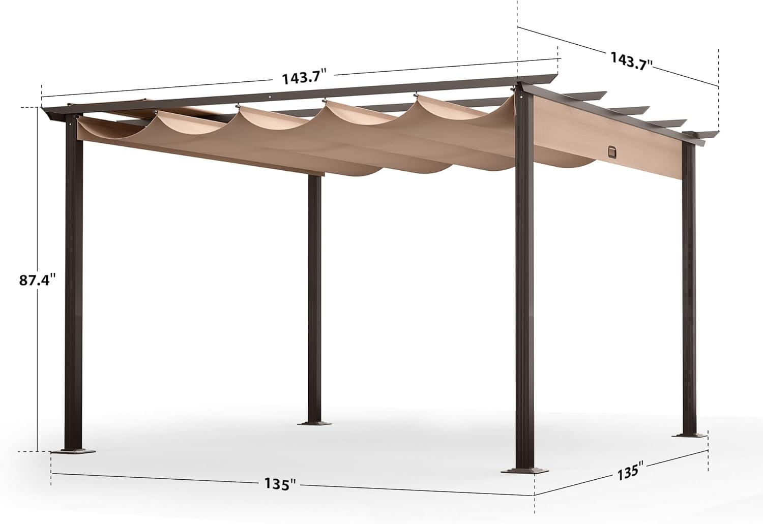 12 ft. x 12 ft. Aluminum Pergola with Brown Retractable Canopy