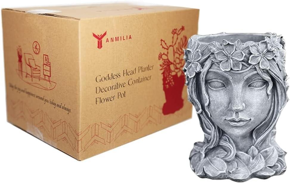 Winston Porter Head Planter Face Flower Pot Goddess Statue Planter Decorative Girl Portrait Planter Indoor Outdoor Girl Face Flower Vase Container Planter (Gray)