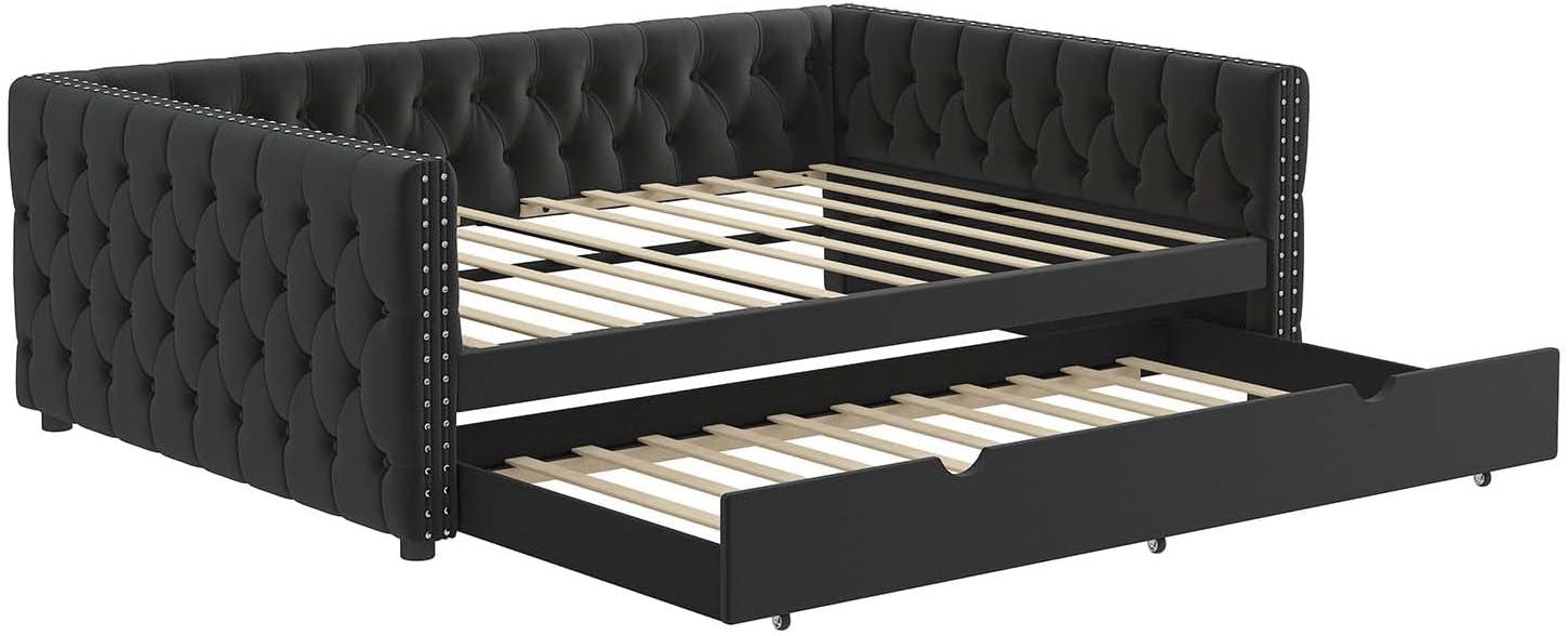 KNeretva Velvet Full Daybed with Twin Trundle, Modern Upholstered Full Size Day Bed Button-Tufted Sofa Daybed Frame (Black)