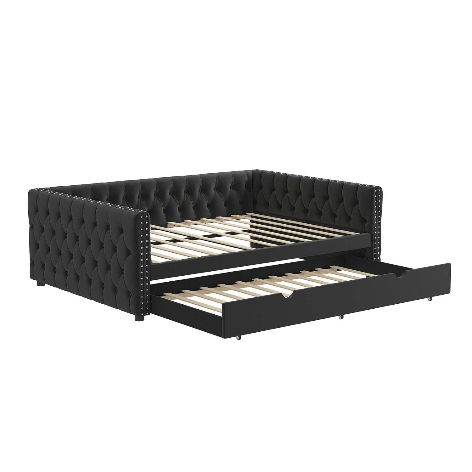 KNeretva Velvet Full Daybed with Twin Trundle, Modern Upholstered Full Size Day Bed Button-Tufted Sofa Daybed Frame (Black)
