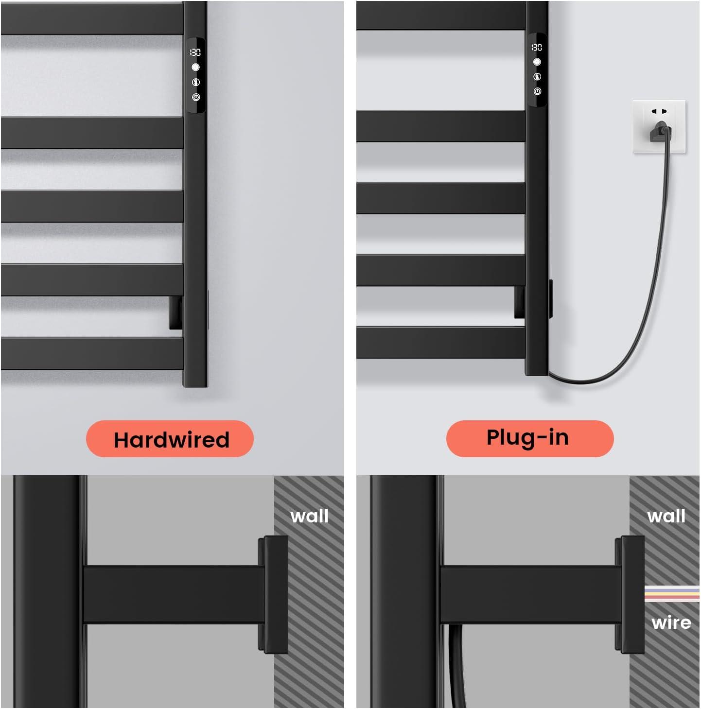 Towel Warmer,Stainless Steel Towel Warmer Rack for Bathroom -10 Bars Wall Mounted Towel Heater with Intelligent Touch Screen Timer, Hard Wired/Plug-in, Black