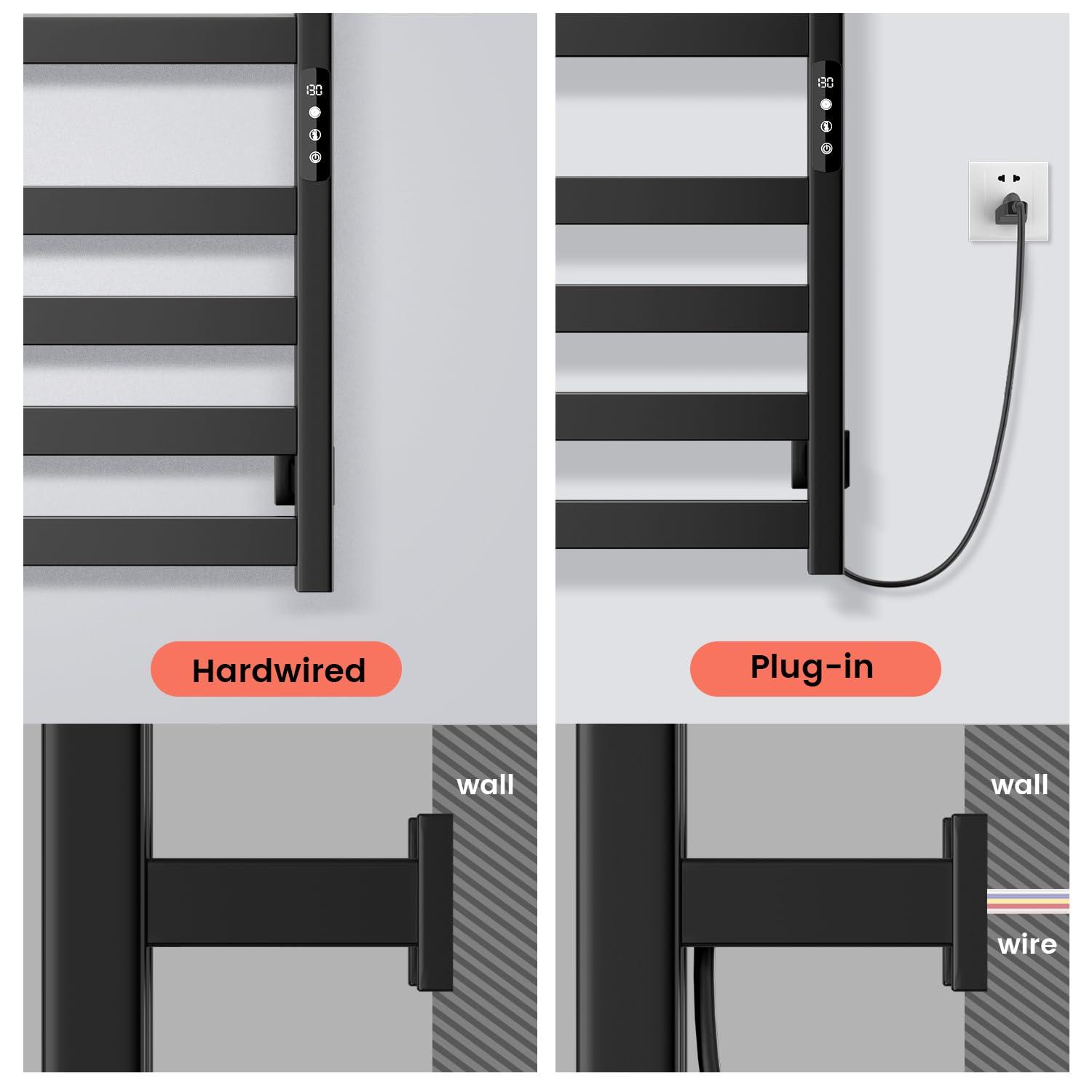 Towel Warmer,Stainless Steel Towel Warmer Rack for Bathroom -10 Bars Wall Mounted Towel Heater with Intelligent Touch Screen Timer, Hard Wired/Plug-in, Black