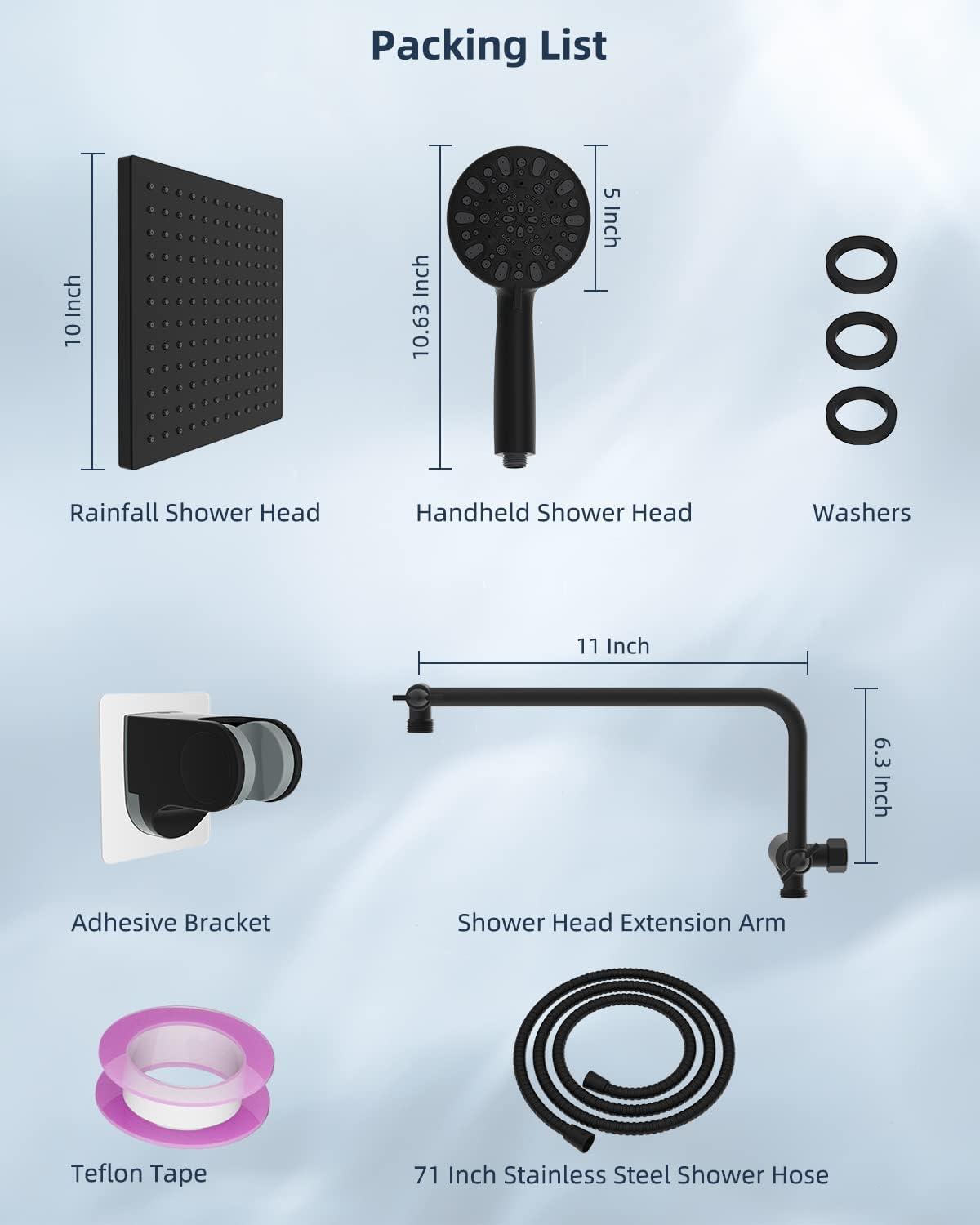 High Pressure All Metal 10" Rainfall Shower Head Combo,7-spray Handheld Shower, Adjustable Extension Arm