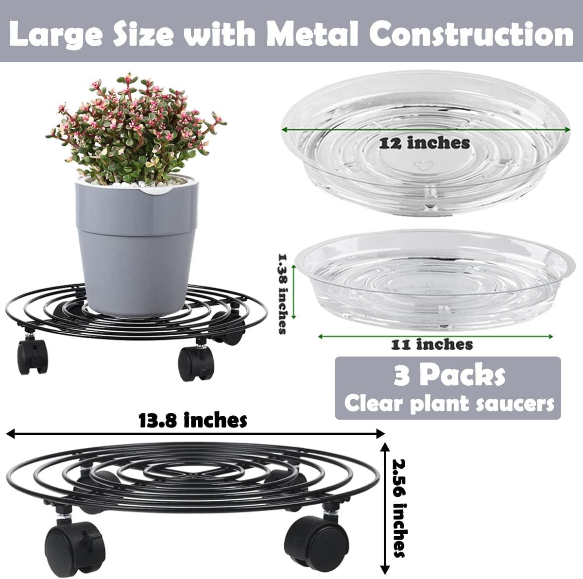 5 Packs Large Metal Plant Caddy 13.8” Plant Dolly with Wheels Heavy-Duty Wrought Iron Rolling Plant Stand with Casters for Indoor and Outdoor Plant Pot Rollers Black, Plastic Saucers Included