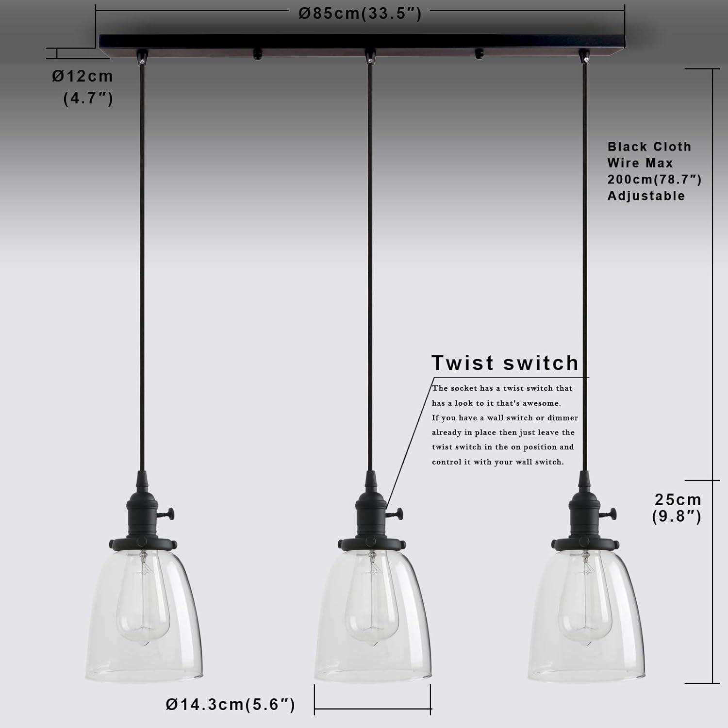 PERMO Vintage Rustic Industrial 3-Lights Kitchen Island Chandelier Triple 3 Heads Pendant Hanging Ceiling Lighting Fixture with Funnel Flared Clear Glass Shade (Black)