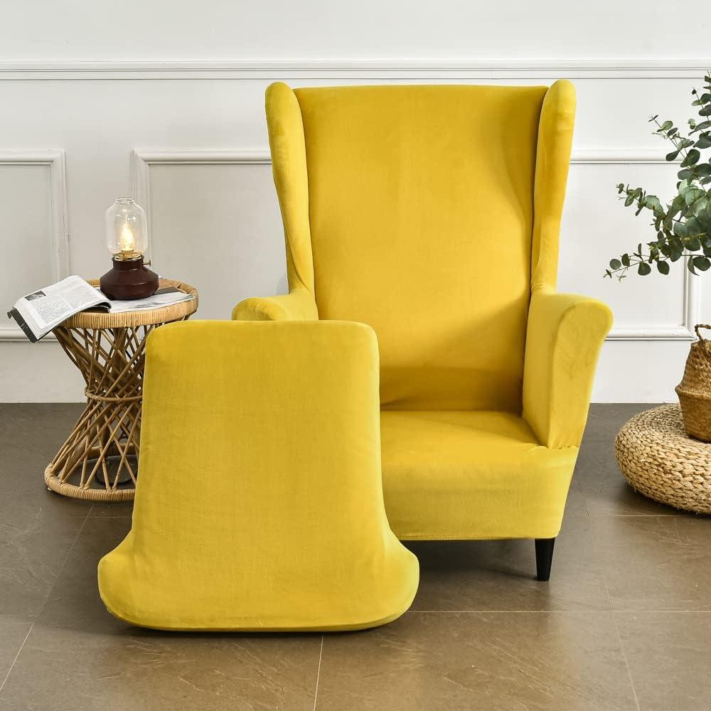 Yellow Velvet Stretch Wingback Chair Slipcover