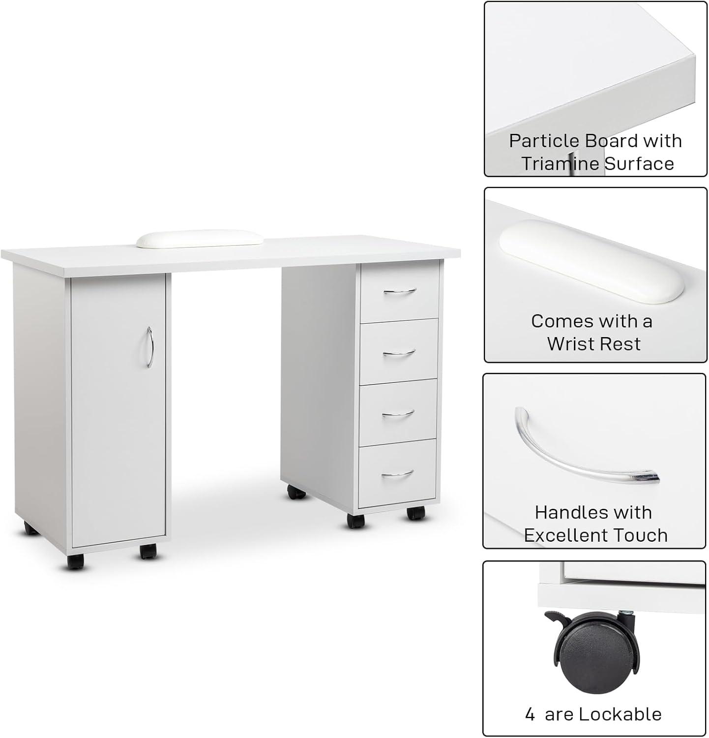 Goujxcy Rolling Nail Table Manicure Table Nail Desk Station, Beauty Salon Nail Station Desk Nail Art Equipment with 4 Drawers & Large Cabinet & Wrist Rest,White