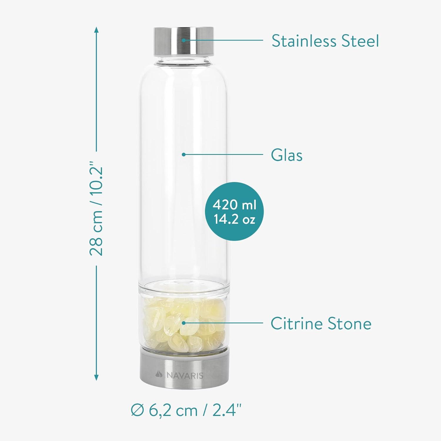 Navaris Crystal Water Bottle - 14oz Glass Gemstone Drink Bottle with Loose Natural Gem Stones - Available with Different Type Stones