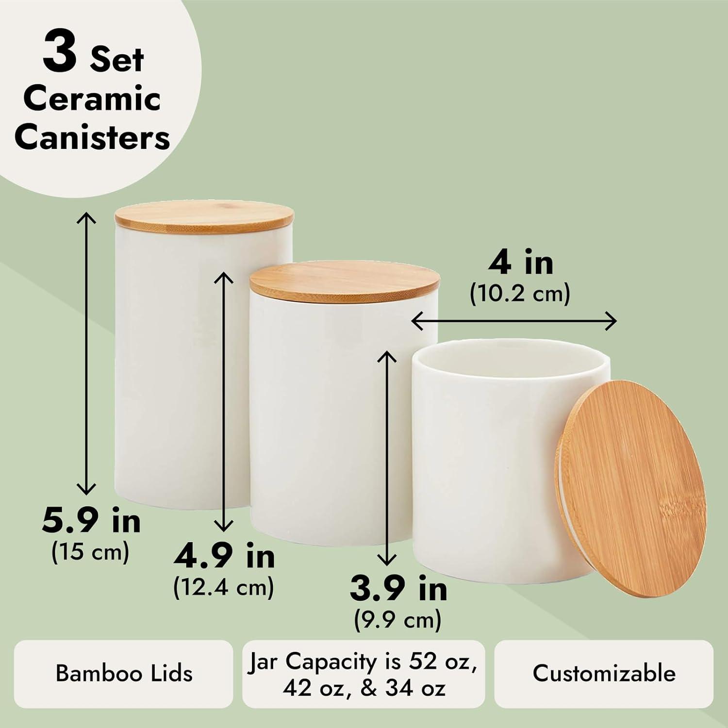 Set of 3 White Ceramic Canisters with Bamboo Lids