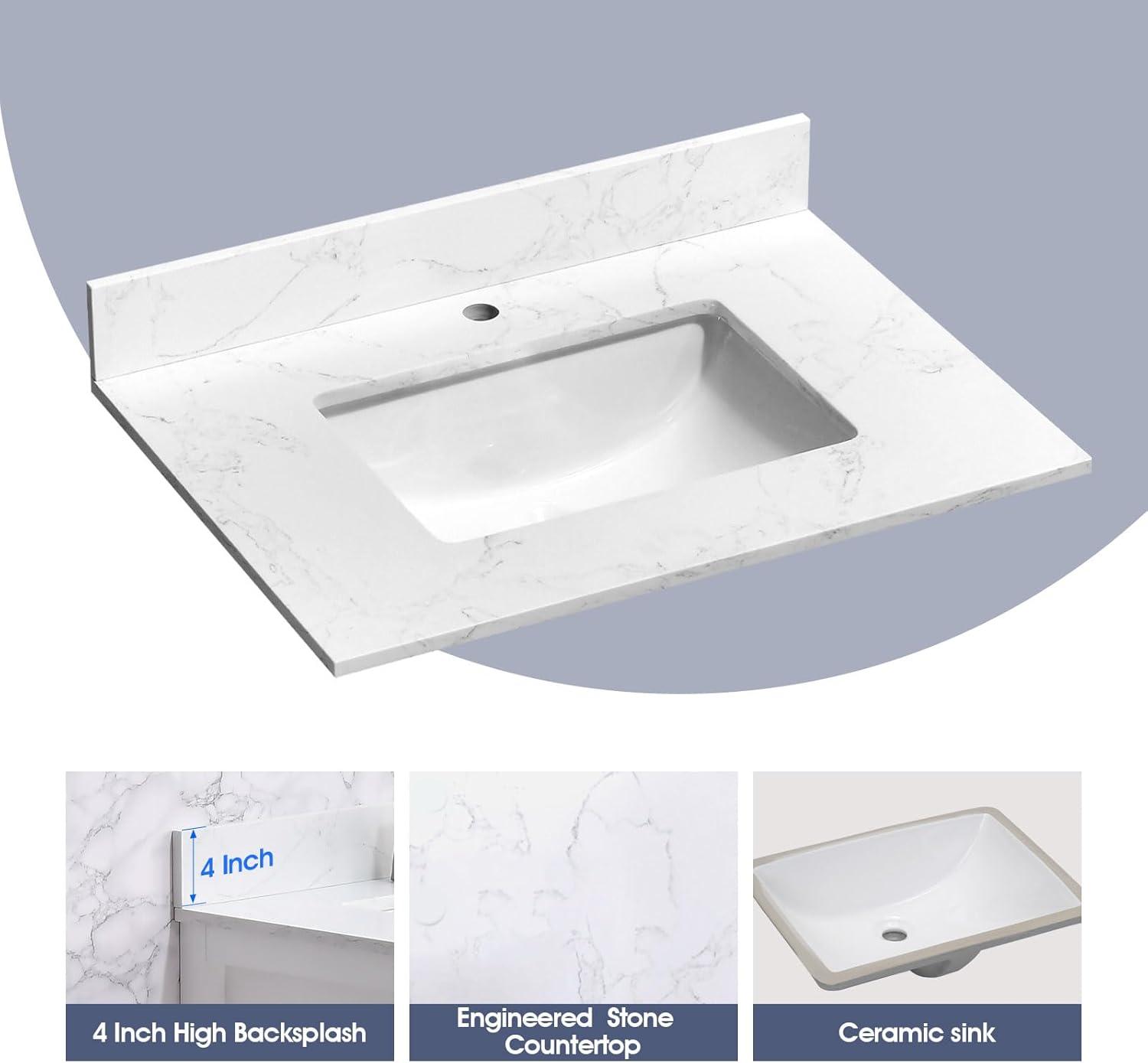 30 in. White Engineered Stone Vanity Top with Rectangular Sink