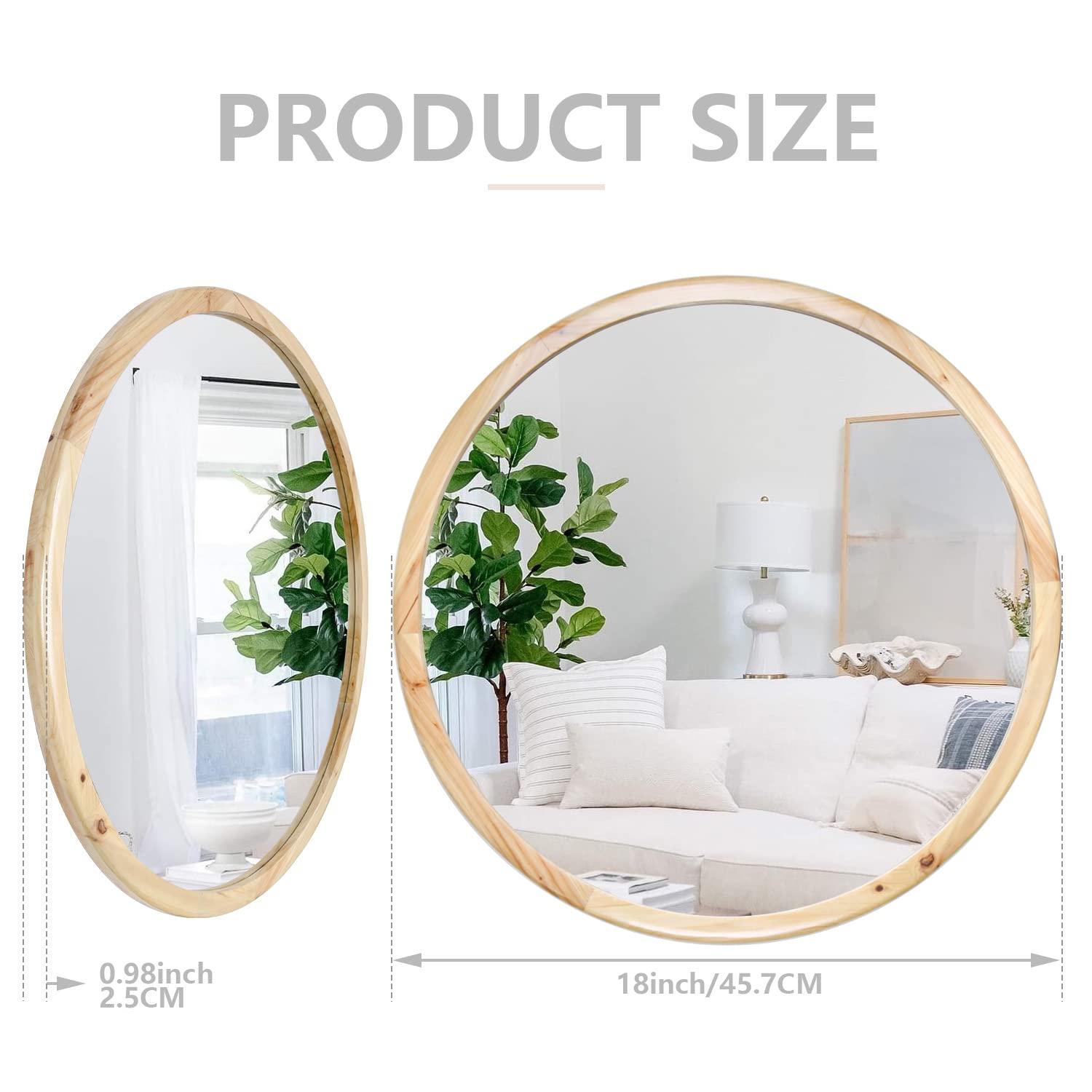 Circle Wooden Wall Mirror,18 inch Round Natural Wood Mirror Large Rustic Farmhouse Decor Mirror for The Living Room,Bathroom,Bedroom