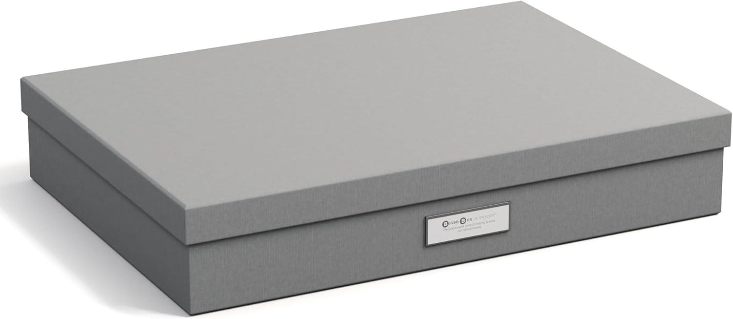 Bigso Box of Sweden Sverker Fiberboard Legal and Art Storage Box | Scrapbook Storage Box| Durable Document Boxes with Lid and Metal Label Holder | 17.1’’ x 12.2’’ x 3.3’’ | Grey