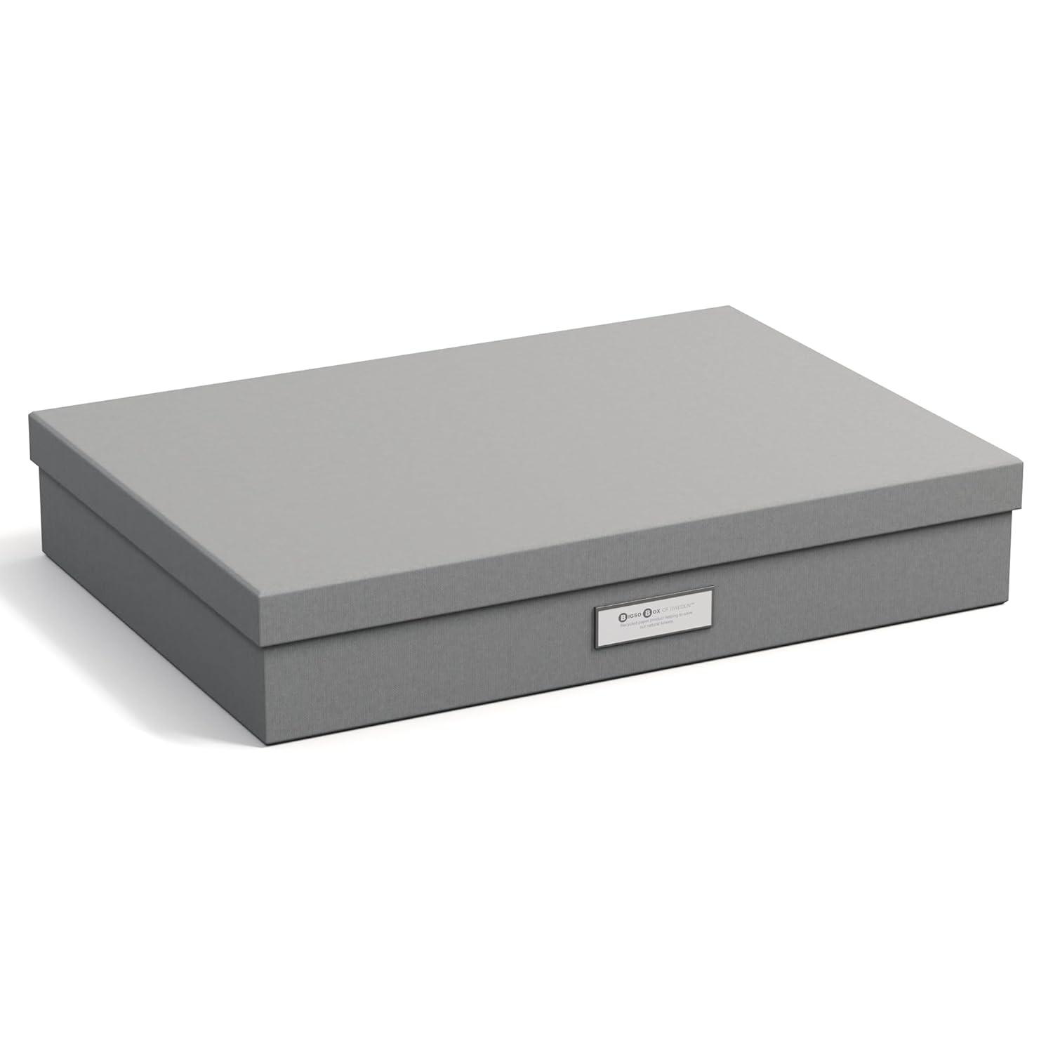 Bigso Box of Sweden Sverker Fiberboard Legal and Art Storage Box | Scrapbook Storage Box| Durable Document Boxes with Lid and Metal Label Holder | 17.1’’ x 12.2’’ x 3.3’’ | Grey