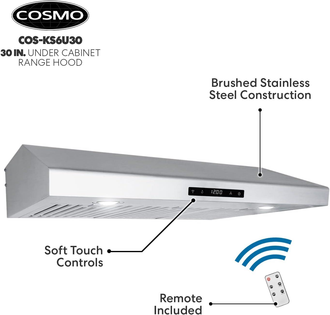 Cosmo 30" Stainless Steel 500 CFM Ducted (Vented) Under Cabinet Range Hood with Baffle Filter