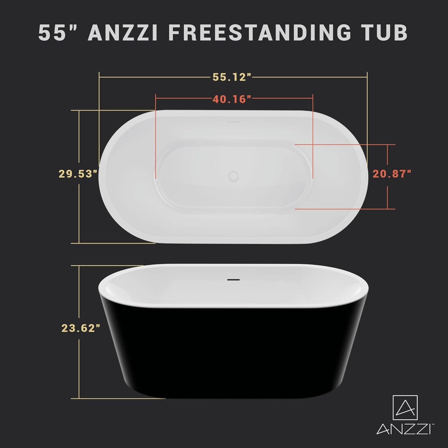 ANZZI Chand Series 55 Inch Acrylic Freestanding Pre-Plumbed Solid Deep Soaker Stand Alone Bathtub With Built-In Overflow And Drain In Black/White