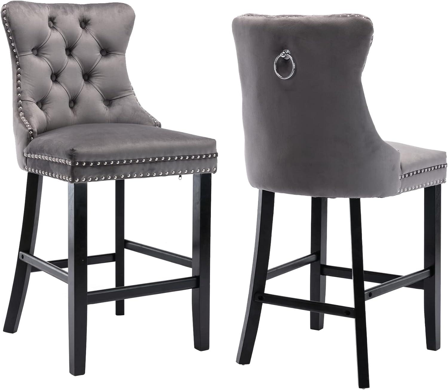 Gray Velvet Upholstered Wingback Barstools with Nailhead Trim