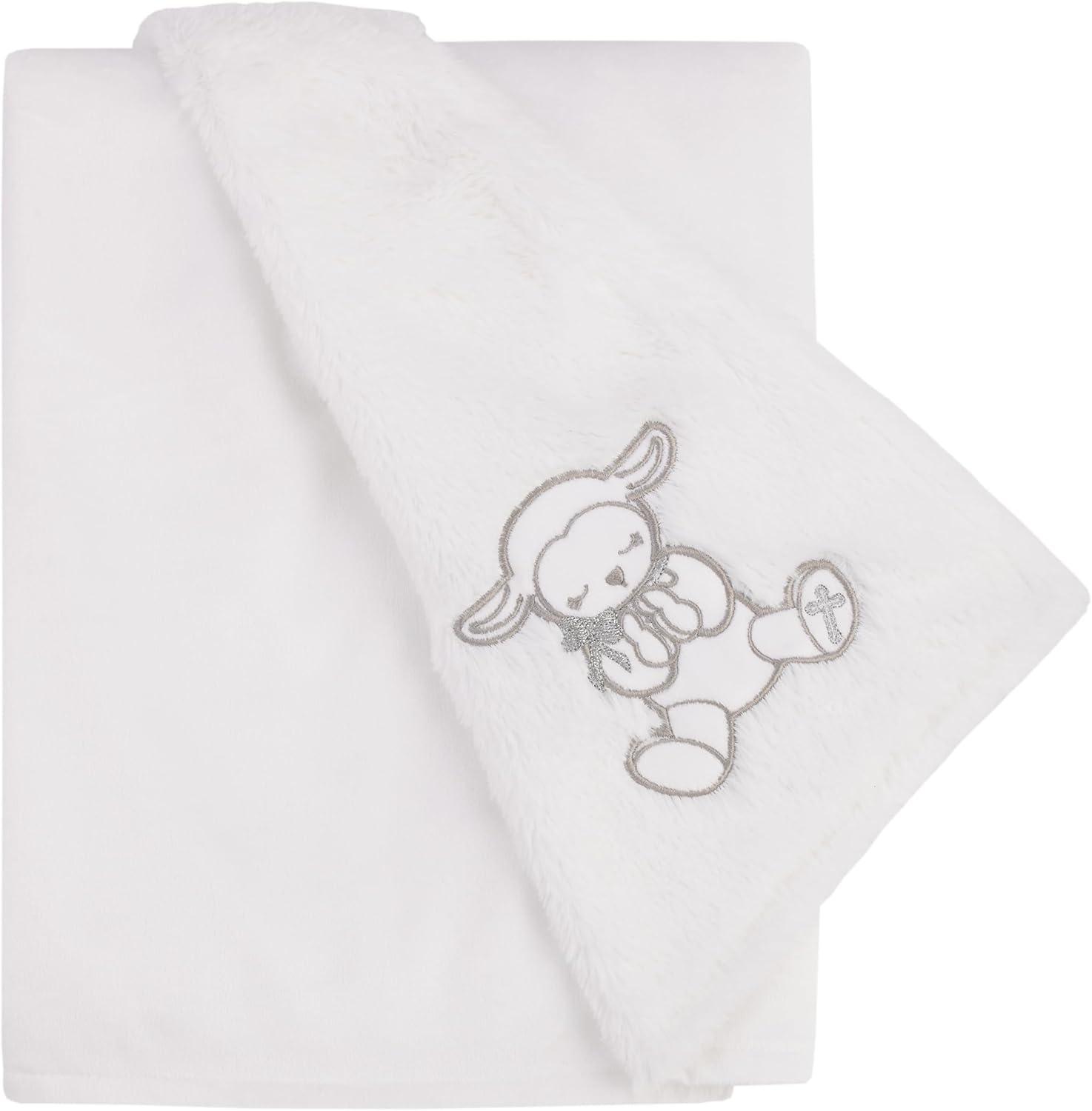Little Love by NoJo Plush White Lamb Baptism Baby Blanket with Praying Hands and Embroidered Cross for Baptism or Christening Gifts