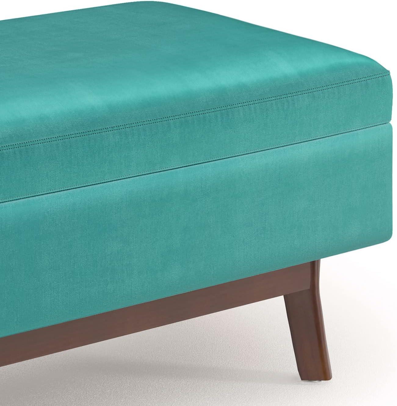 Simpli Home Owen 36 inch Wide Mid Century Modern Rectangle Small Rectangular Storage Ottoman in Aqua Blue Velvet Fabric