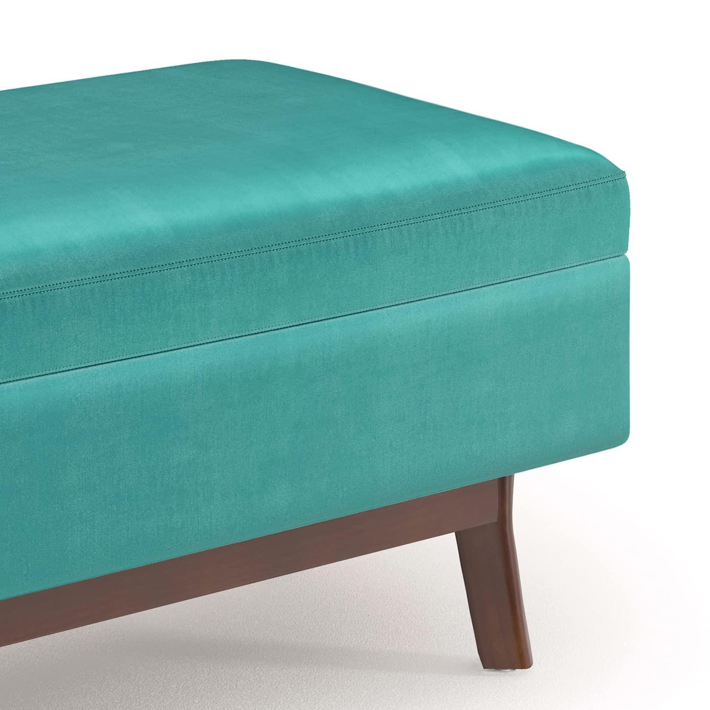 Simpli Home Owen 36 inch Wide Mid Century Modern Rectangle Small Rectangular Storage Ottoman in Aqua Blue Velvet Fabric