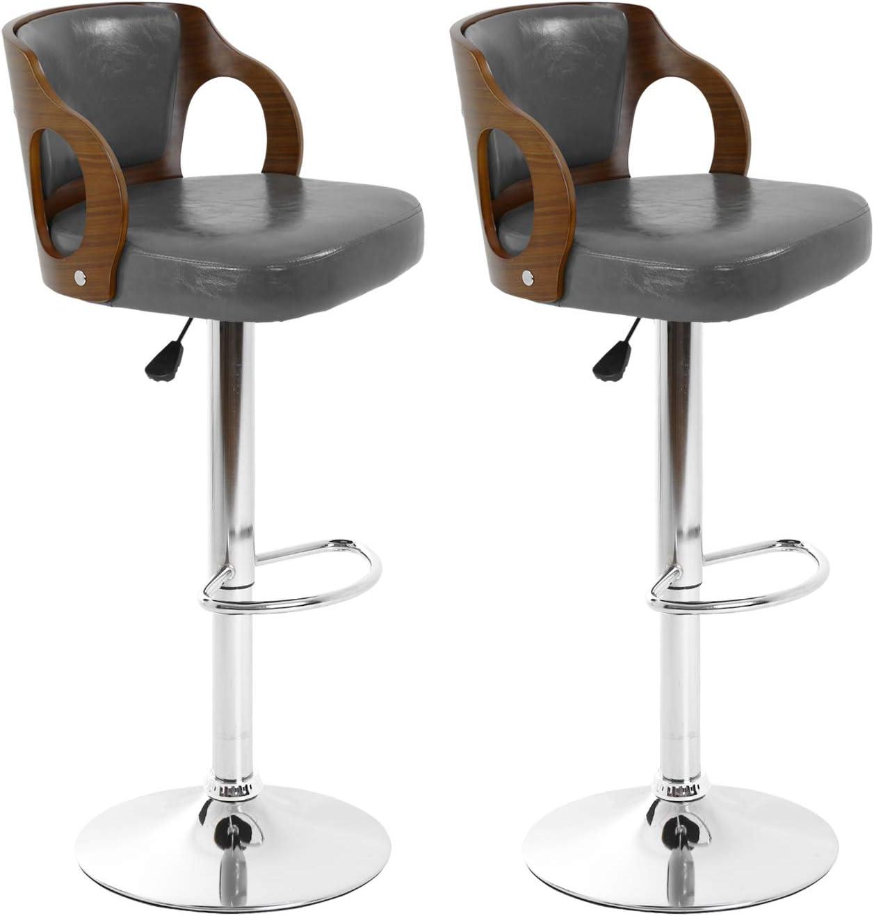 YRLLENSDAN Counter Height Adjustable Bar Stools Set of 2 with Back and Footrest Cushioned High Bar Chairs Set of 2 Leather Upholstered Kitchen Island Chairs with Metal Base,Gray