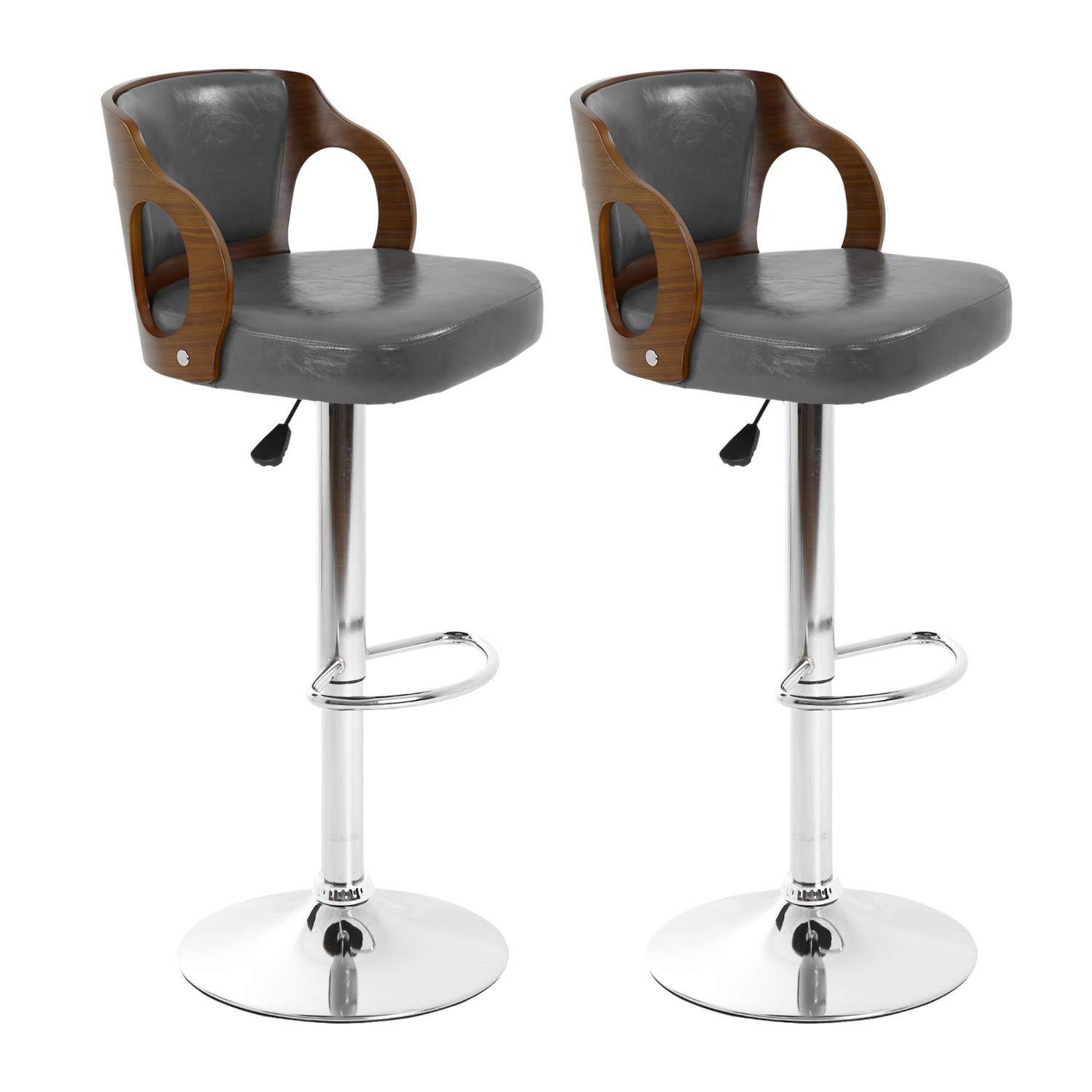 YRLLENSDAN Counter Height Adjustable Bar Stools Set of 2 with Back and Footrest Cushioned High Bar Chairs Set of 2 Leather Upholstered Kitchen Island Chairs with Metal Base,Gray