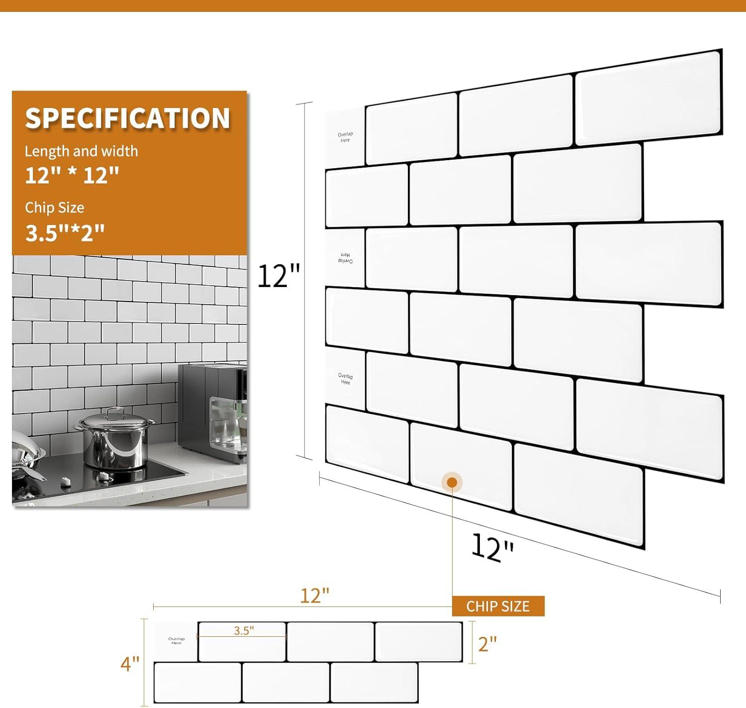 Art3d Peel and Stick Backsplash Tile, 10-Sheet Stick on Subway Tiles for Kitchem, Bathroom Back Splashes, 12"x12", Warm White with Black Grout