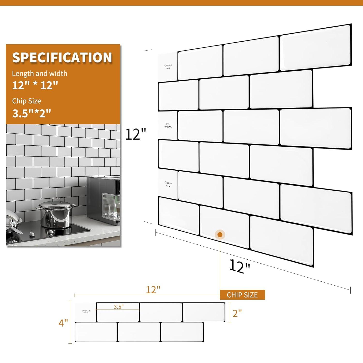 Art3d Peel and Stick Backsplash Tile, 10-Sheet Stick on Subway Tiles for Kitchem, Bathroom Back Splashes, 12"x12", Warm White with Black Grout