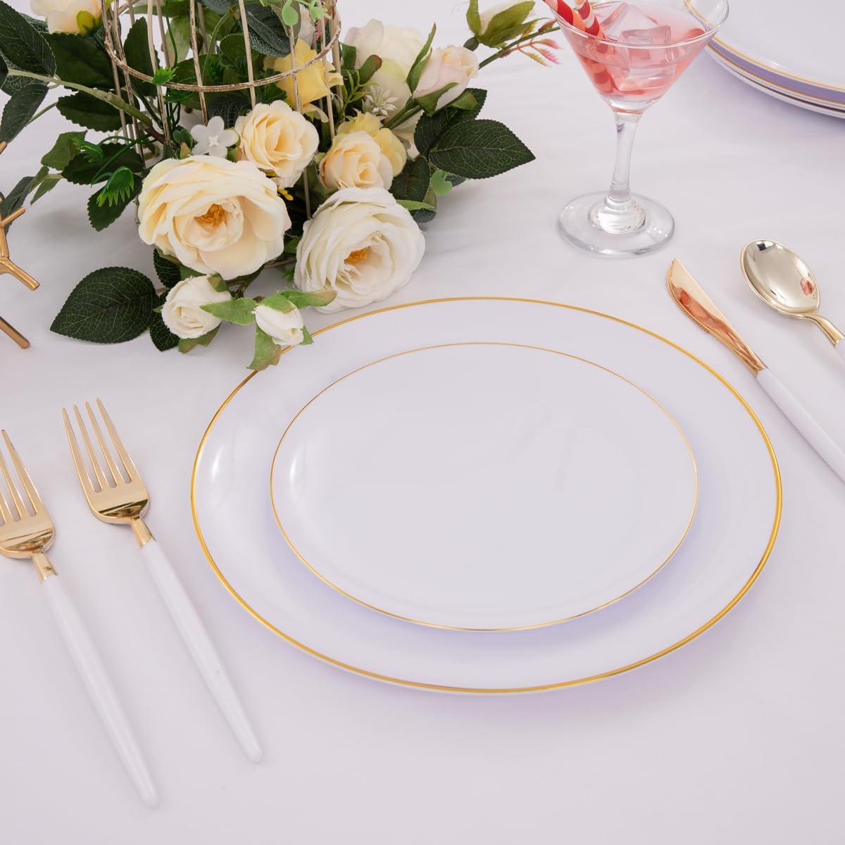 Elegant White and Gold 10.25" Plastic Dinner Plates Set