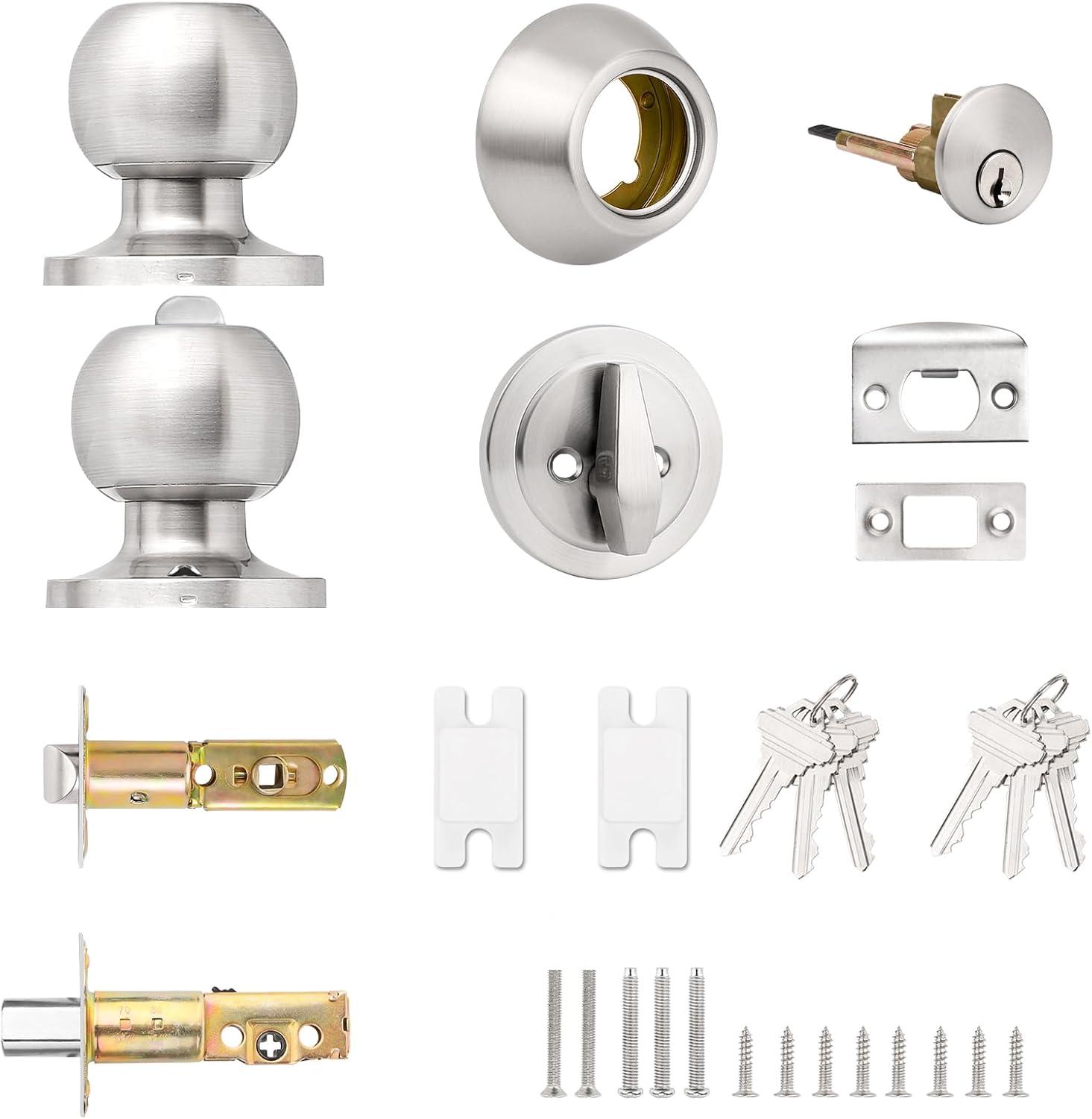 Brushed Nickel Round Stainless Steel Entry Knob and Deadbolt Set