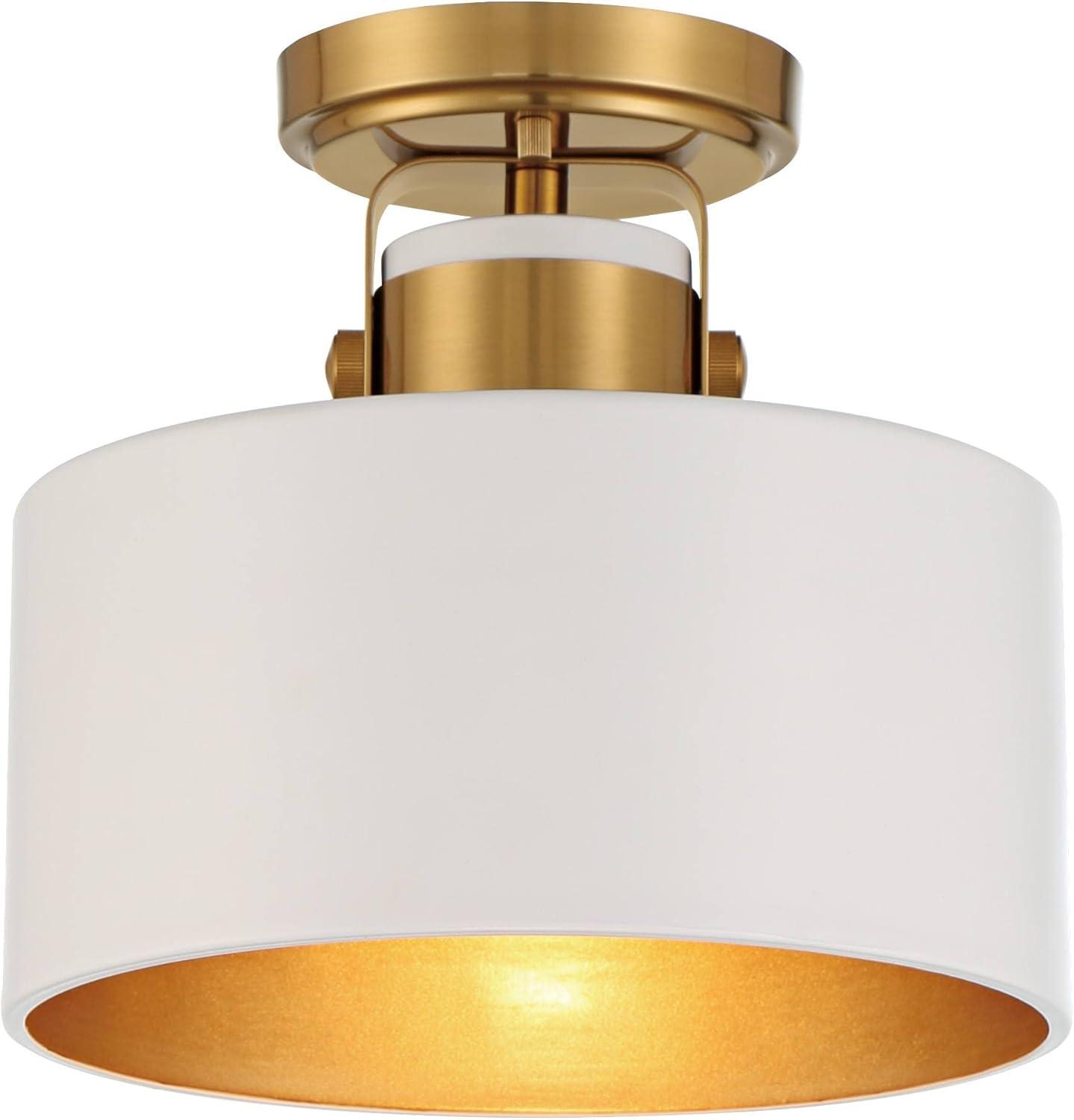 Possini Euro Design Courtney Modern Ceiling Light Semi Flush Mount Fixture 10" Wide Soft Gold Metal White Drum Shade for Bedroom Kitchen Living Room