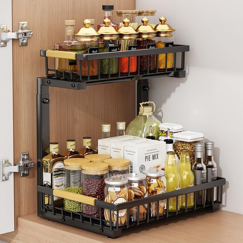 Rebrilliant Under Sink Organizer, 2 Tier Under Sink Organizers And Storage, Metal Slide Out Pull Out Cabinet Organizer ,2 Pack Sliding Drawer Organizer For Kitchen Bathroom Pantry