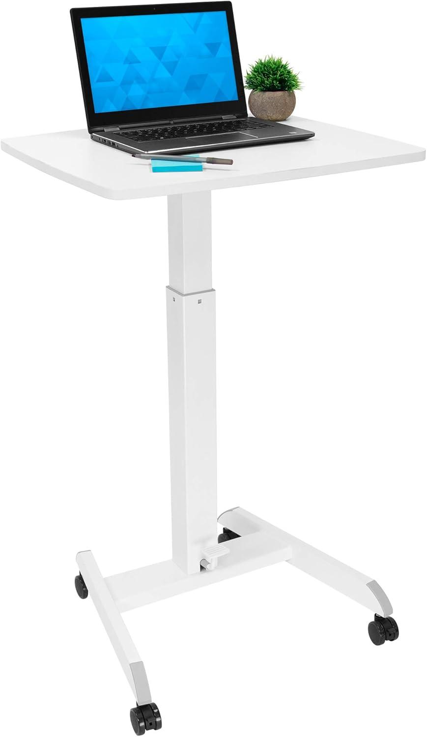 Mount-It! Height Adjustable Rolling Laptop Desk with Wheels | 23.6" x 20.5" | Sit Stand Mobile Workstation Cart w/ Pneumatic Spring Lift | White