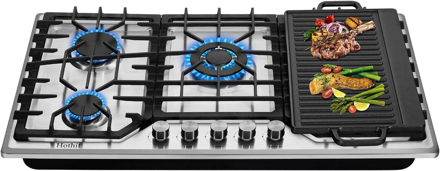 36-Inch Stainless Steel 5-Burner Gas Cooktop with Cast Iron Griddle