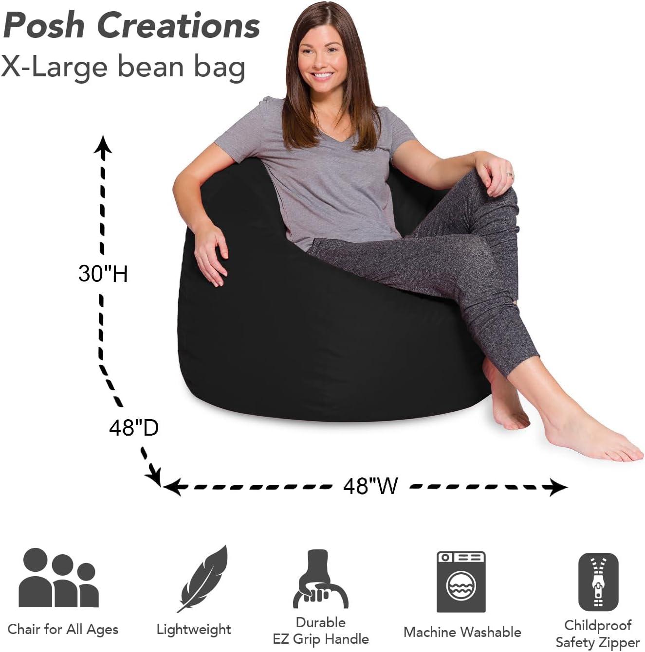 Posh Creations Bean Bag Chair, Soft Lounger for Sitting and Reading, Kids, 4 ft, Black