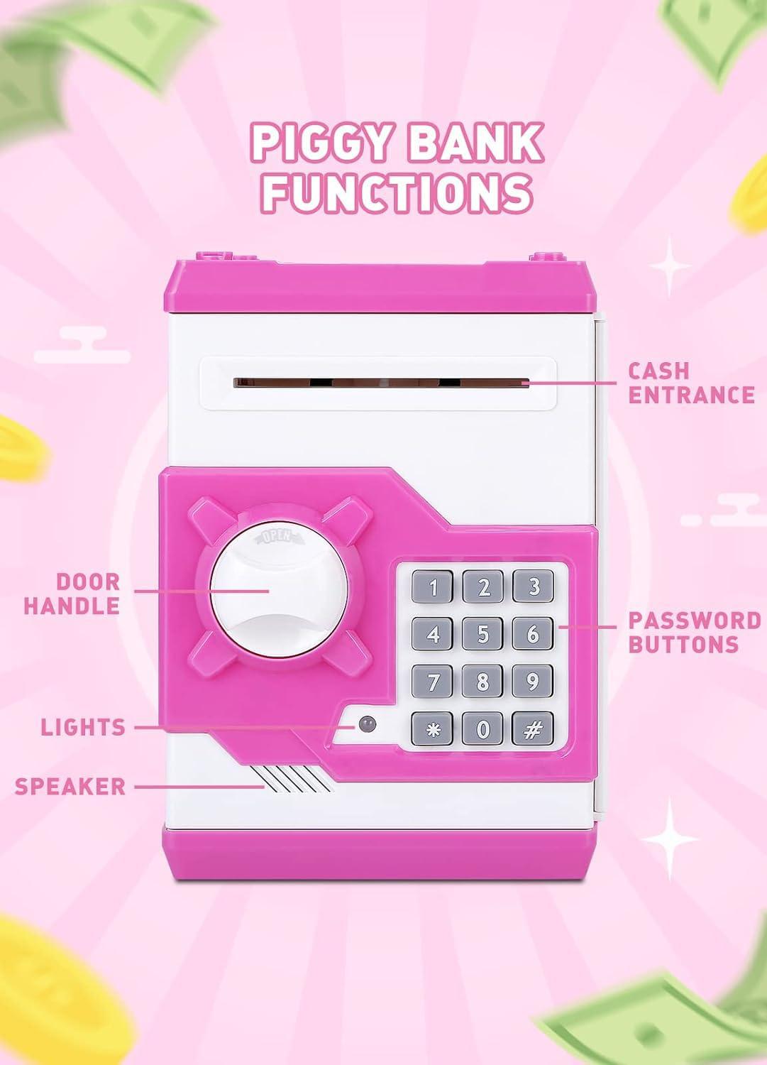 Piggy Bank for Girls Boys Large Electronic Money Coin Banks with Password Protection, Automatic Paper Money Scroll Saving Box, Great Gift for Kids (Pink-White)