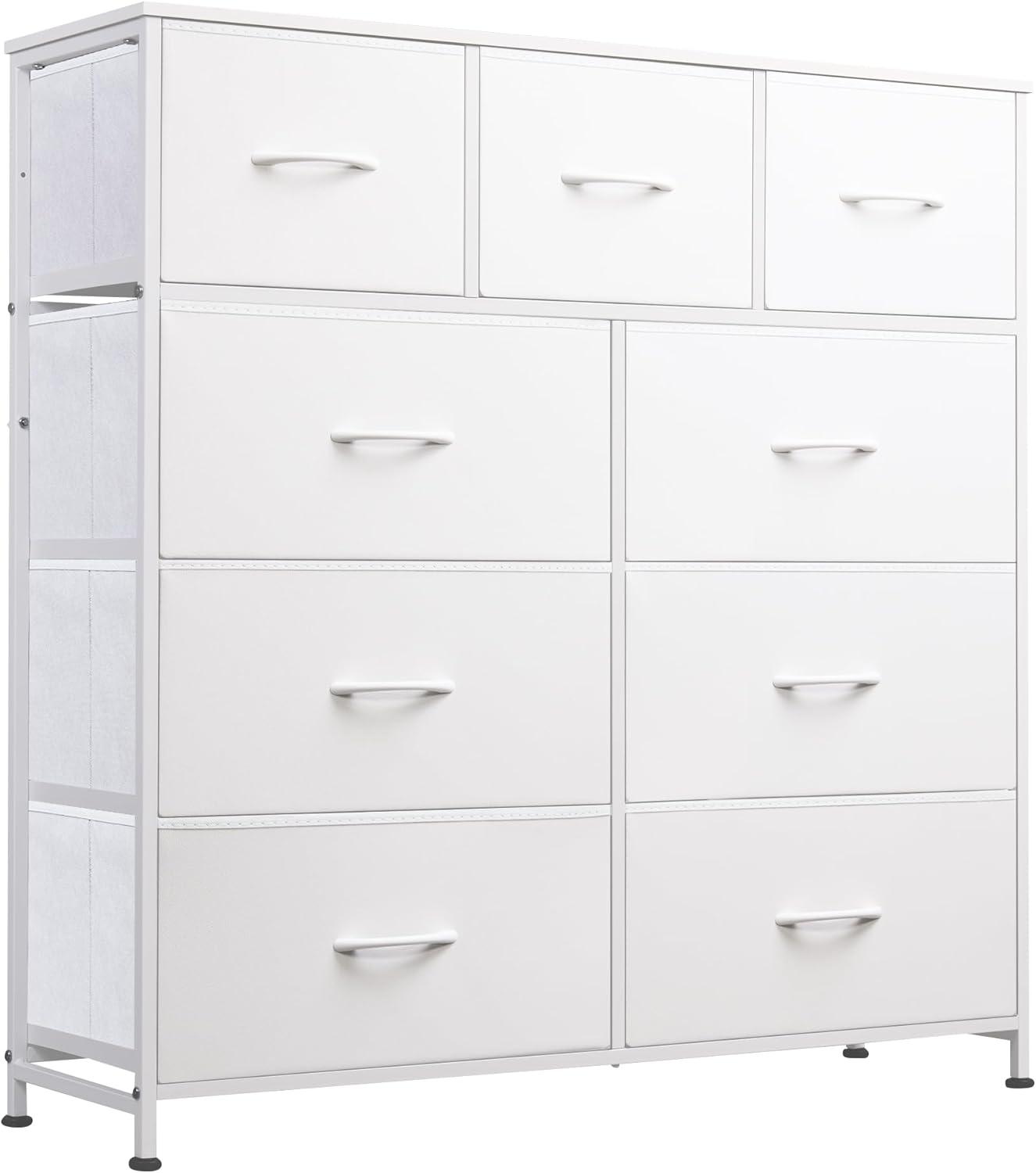 Yanming Fabric Storage Dresser with 9 Drawers, Steel Frame and Wooden Top for Bedroom, Closet, Entryway and Nursery, White