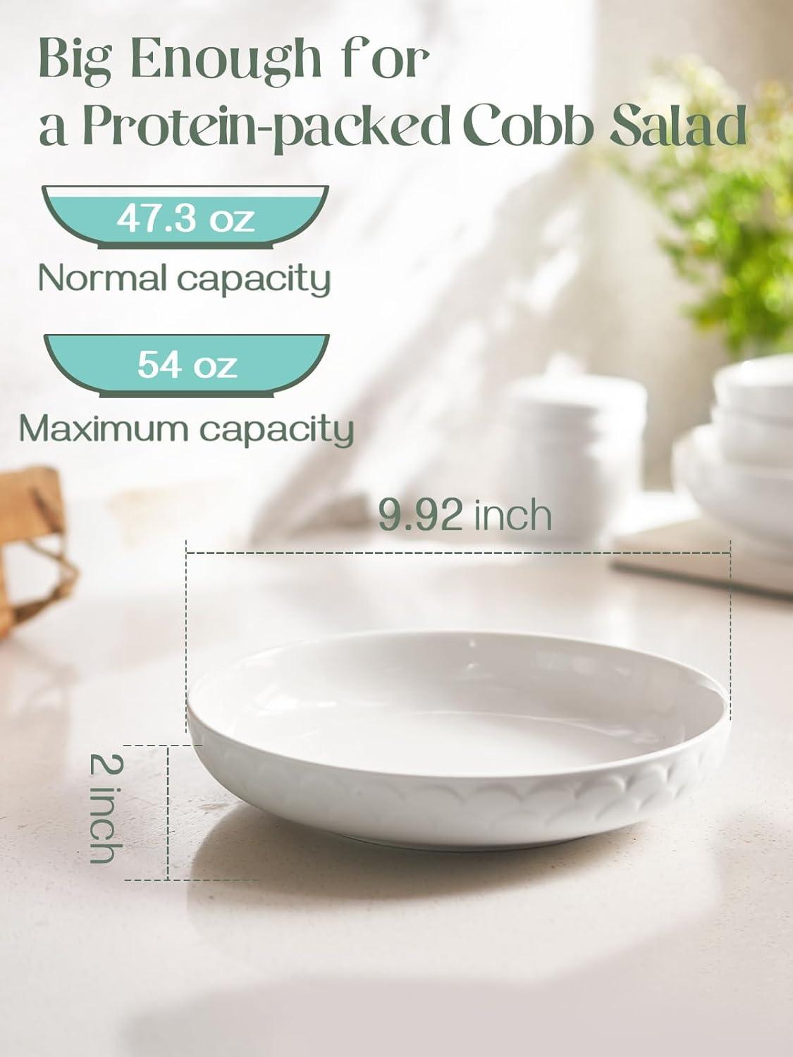 Pasta Bowls, 54 Oz Large Salad Serving Bowls, 10'' Plates Bowls Set Of 4, White Ceramic Soup Bowls For Kitchen Meal Prep, Shallow Dishes Dinner Bowl Microwave Dishwasher Safe