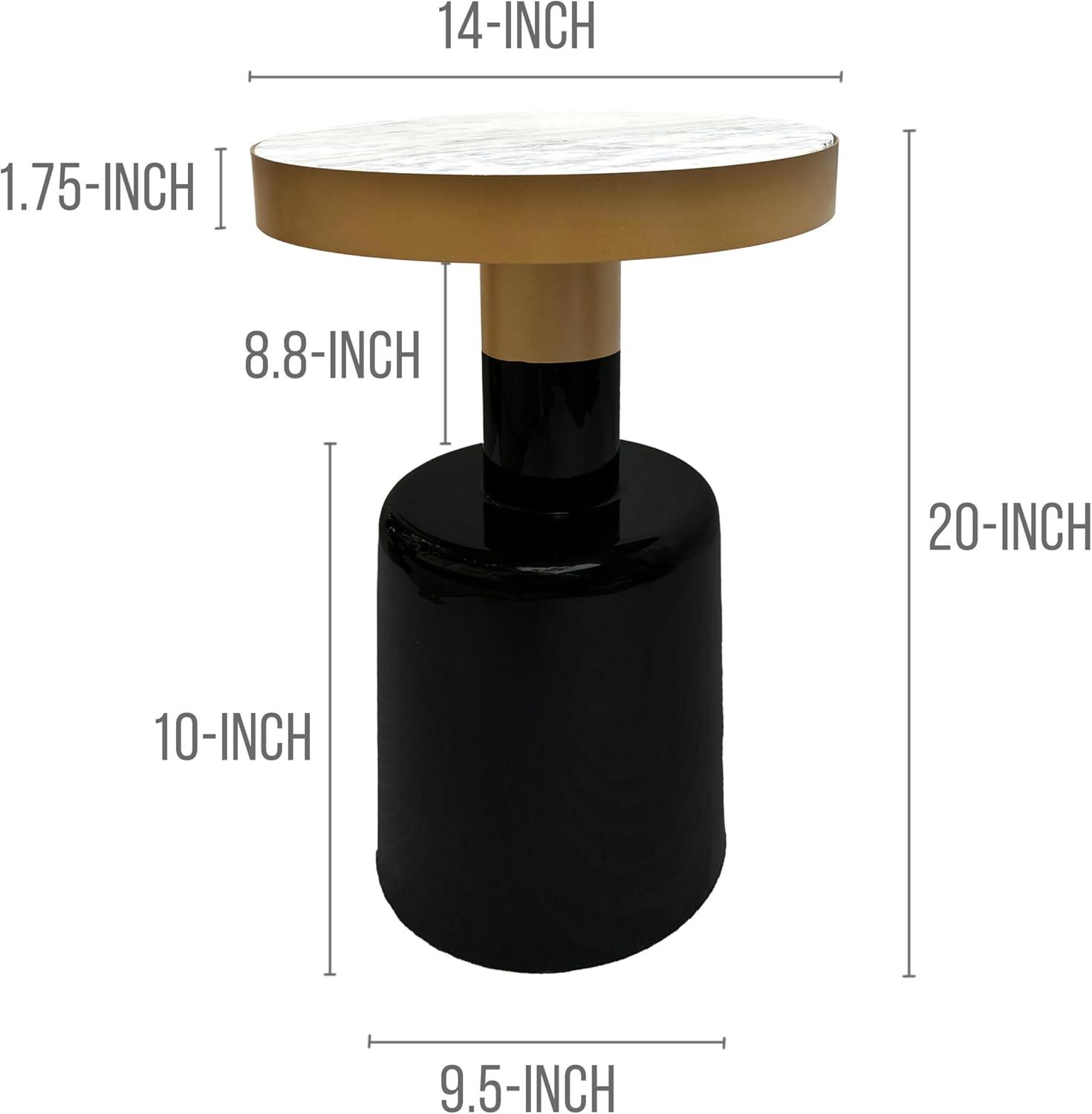 The Urban Port 20" Round Side End Table Gold Banded Natural White Marble Top Black Enamel Coated Iron Pedestal Base White/Gold