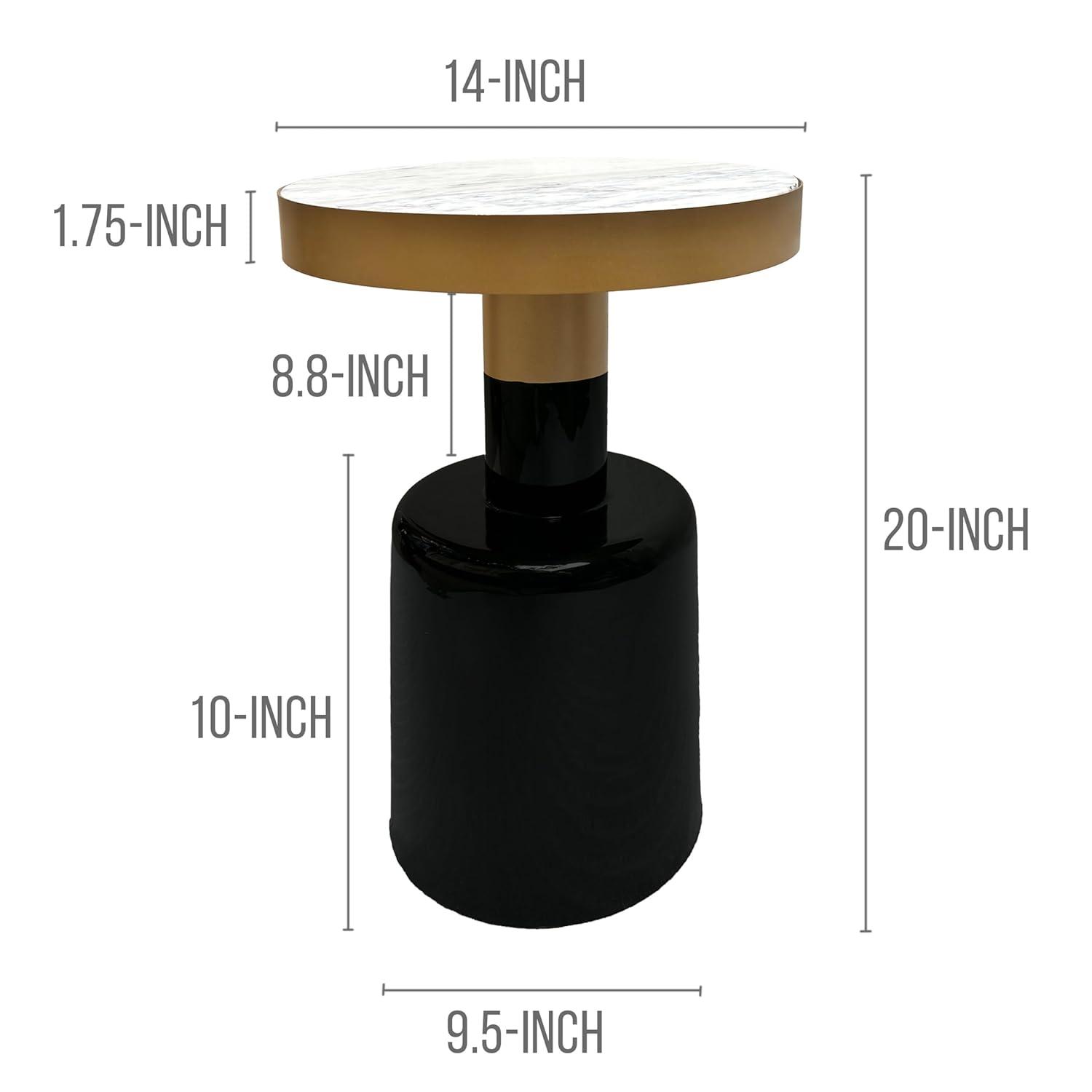 The Urban Port 20" Round Side End Table Gold Banded Natural White Marble Top Black Enamel Coated Iron Pedestal Base White/Gold