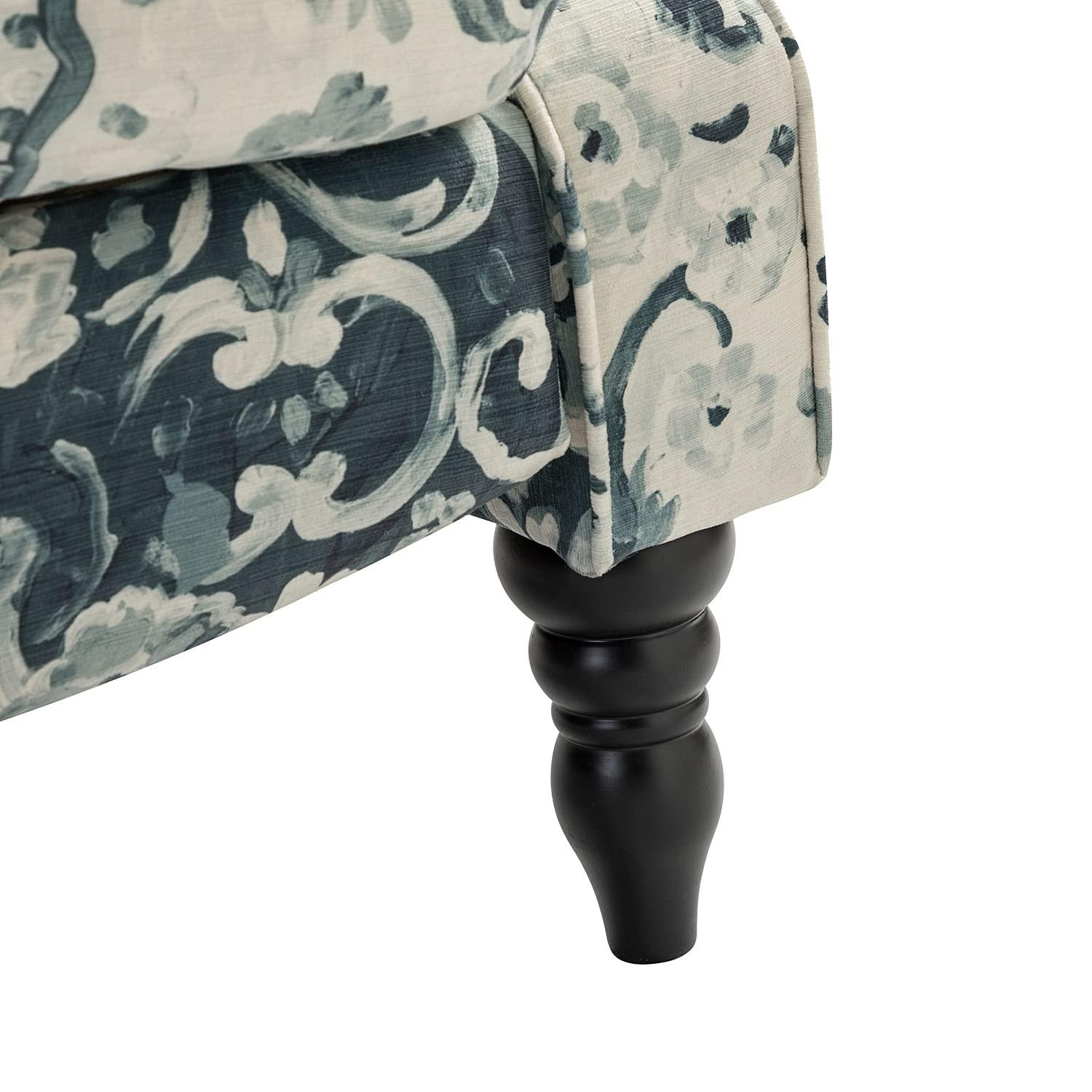 Floral Blue and White Upholstered Wingback Recliner with Rubber Wood Legs